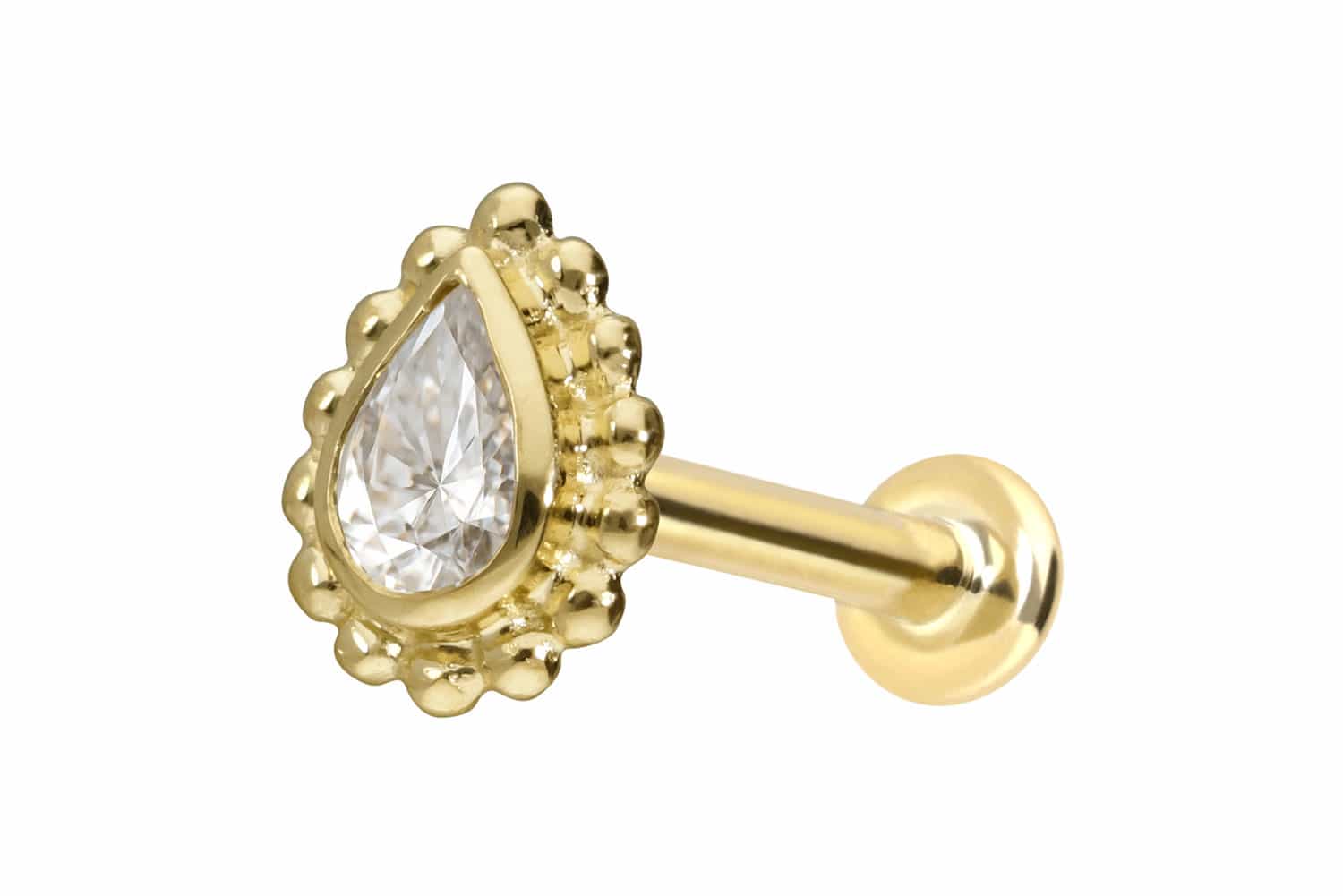 14 Karat Gold Labret Piercing mit Push Fit MOISSANIT-TROPFEN + KUGELN
